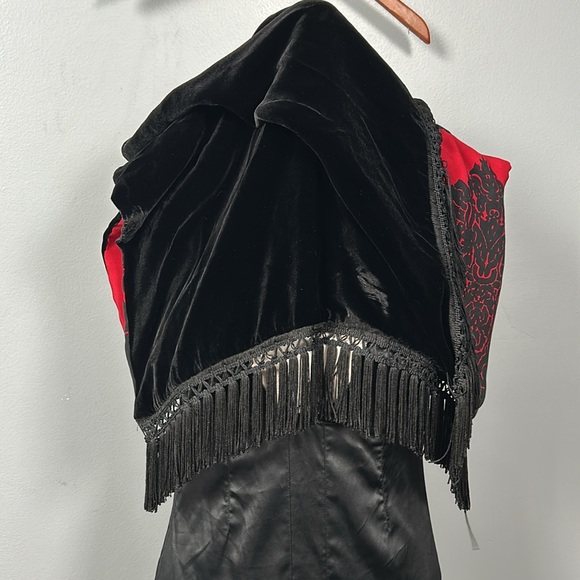 Peter Nygard Scarf Double Sided Black Velvet Red Printed Silk Fringe - Picture 10 of 16